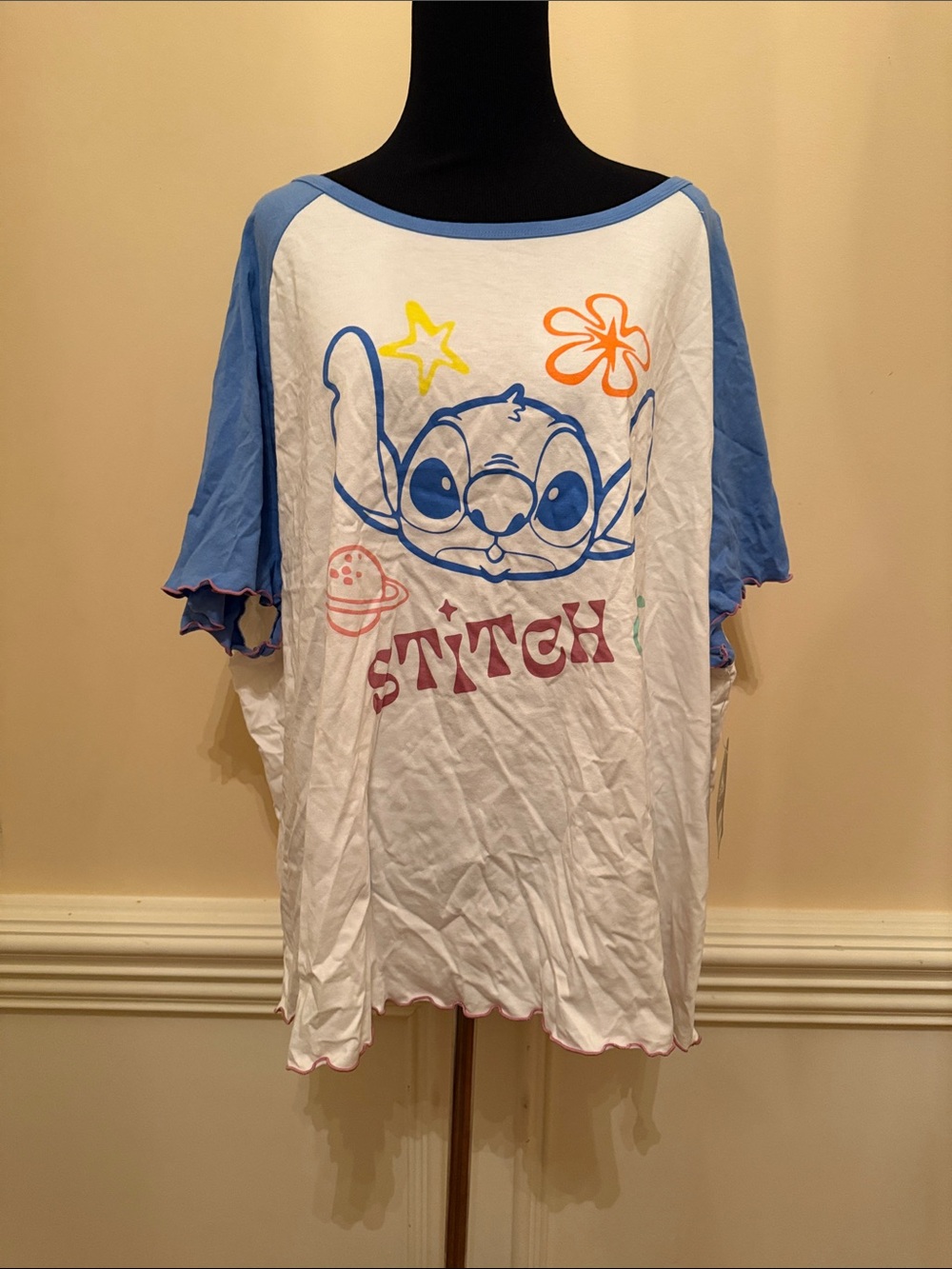 Disney White & Blue‎ Stitch Graphic Raglan Tee